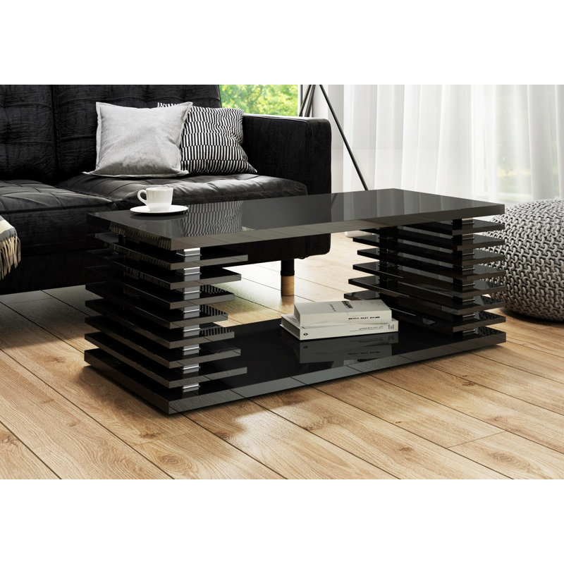 Lorenzo Floor Shelf Coffee Table with Storage, Black Gloss