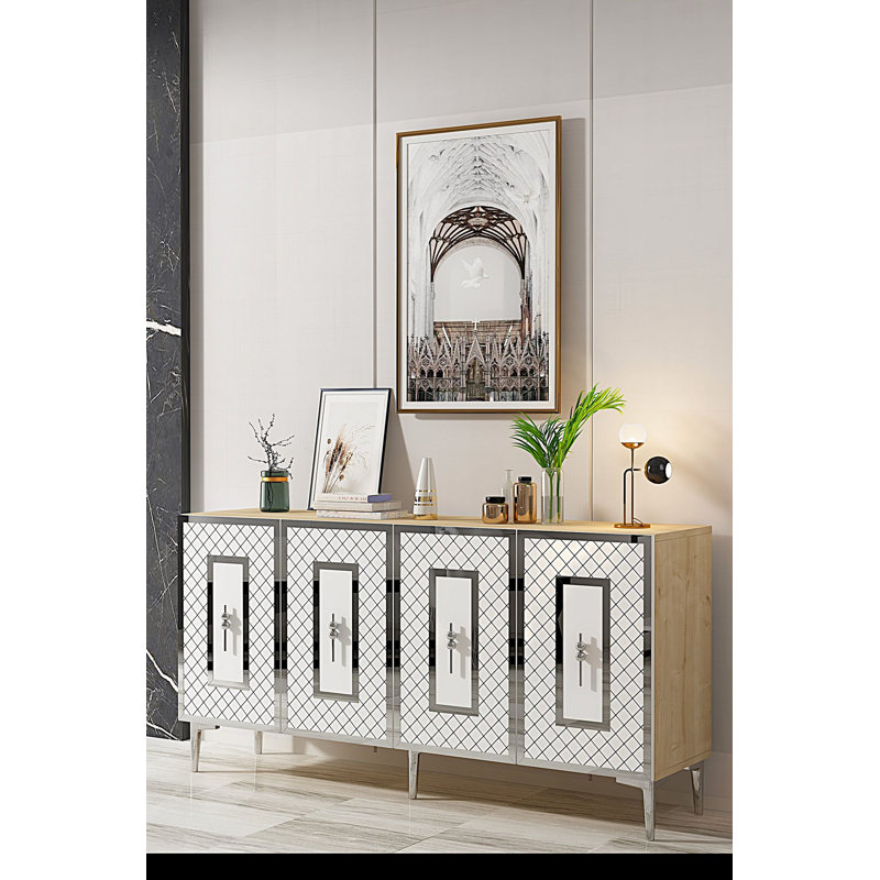 Adams Sleek Modern Console Table, Sapphire Oak & White/Silver, 59.1 x 29.5 x 12.6 inches | 100% Melamine Coated Particle Board, Thickness: 0.7 inches | Wall-Mountable with Numerous Shelves, Stylish & Functional Design