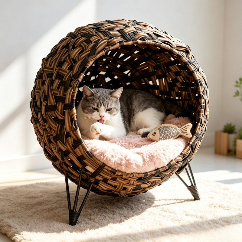 Grotte pour chat en osier ventilé et surélevée en osier tissé à la main avec coussin