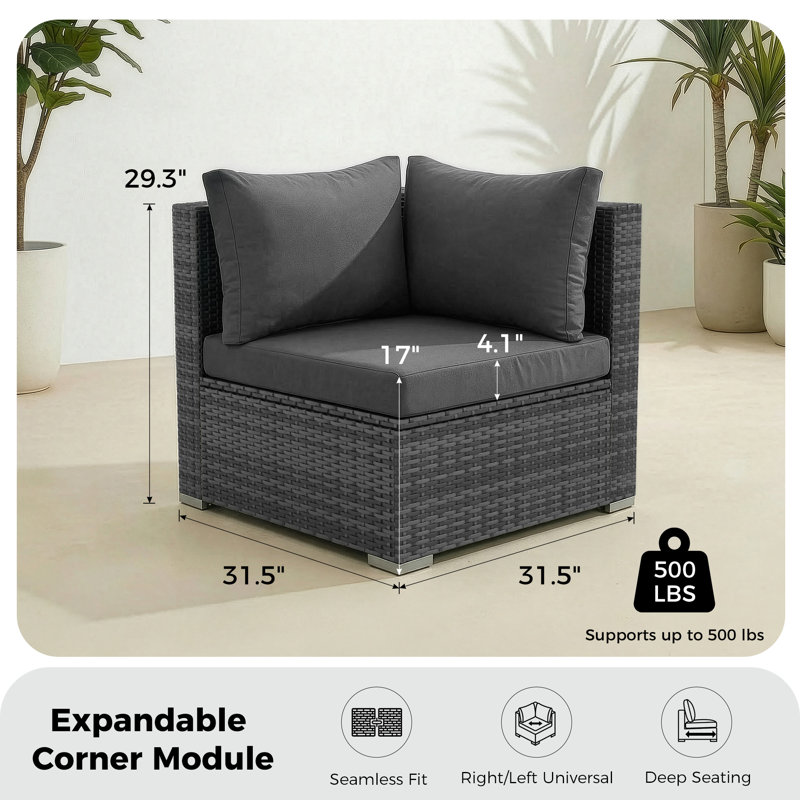 Fauteuil de coin de patio extérieur Maahika en résine tressée PE avec coussin, Dark Gray Cushion/Gray Frame