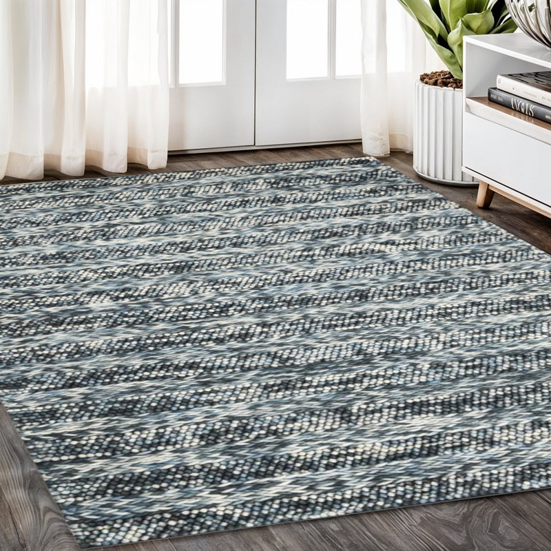 Tapis rayé bleu et gris en laine tissé à la main 5 pi x 7 pi