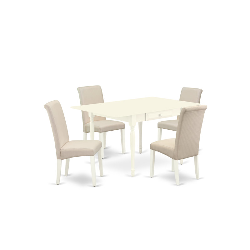 Cet ensemble de salle à manger 5 pièces comprend une table de salle à manger rectangulaire avec Dropleaf et 4 chaises Parson rembourrées en lin crème, blanc lin