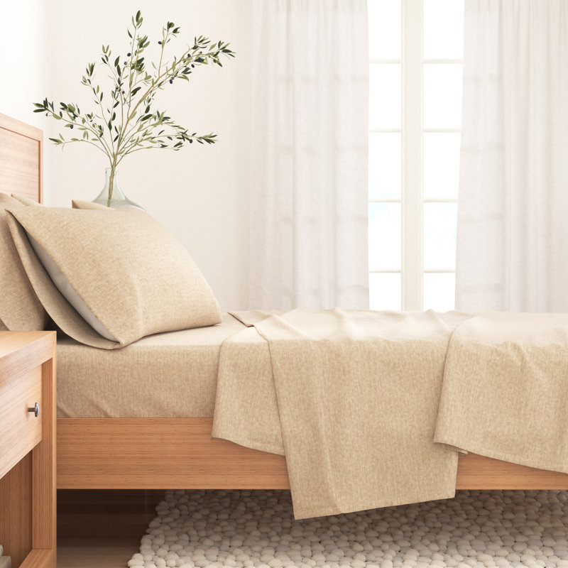 Ensemble de draps en flanelle de coton mélangé Raye, Très grand, Sable chiné