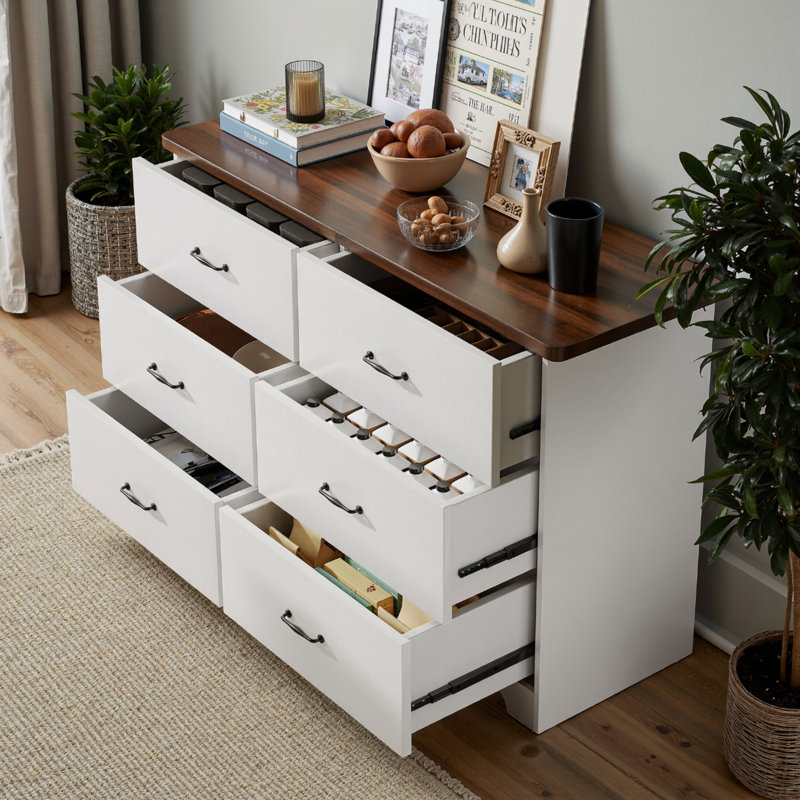 Commode double 6 tiroirs Norine, Blanc / Brun