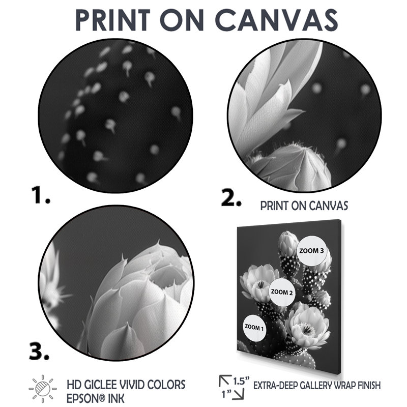 Cactus monochrome gris botanique Bliss II - cactus floral, H 20 po x l 12 po x P 1 po, Toile avec cadre flottant noir