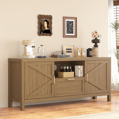 Meuble télé 59 po Farmhouse, console média en bois avec 2 armoires à portes, un tiroir, un tiroir ouvert, un centre de divertissement rustique avec 6 pieds de soutien pour le salon, la chambre à coucher, noyer