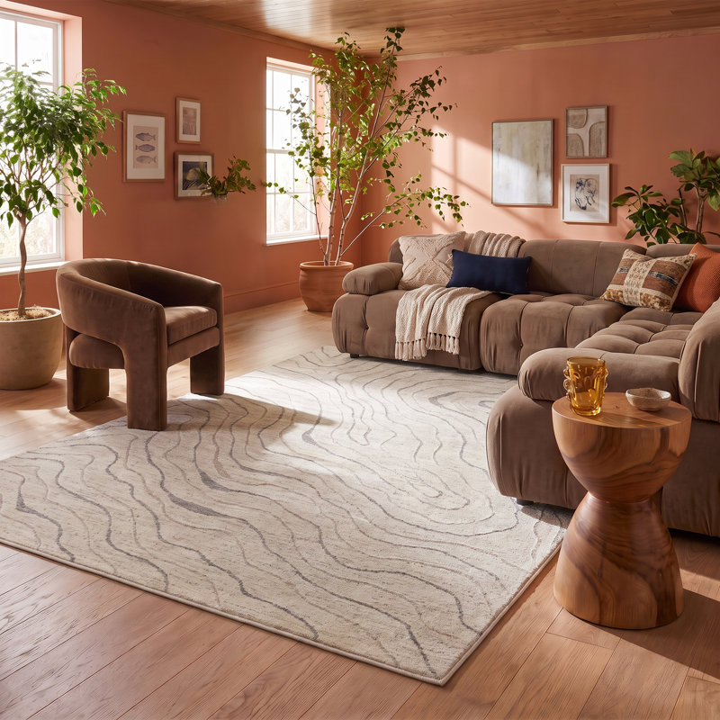 Tapis d'intérieur lavable Rug Branch Velora Abstract 244 x 335 cm (8' x 11') beige, tapis moderne et résistant aux taches pour salon, chambre, salle à manger, cuisine et bureau.