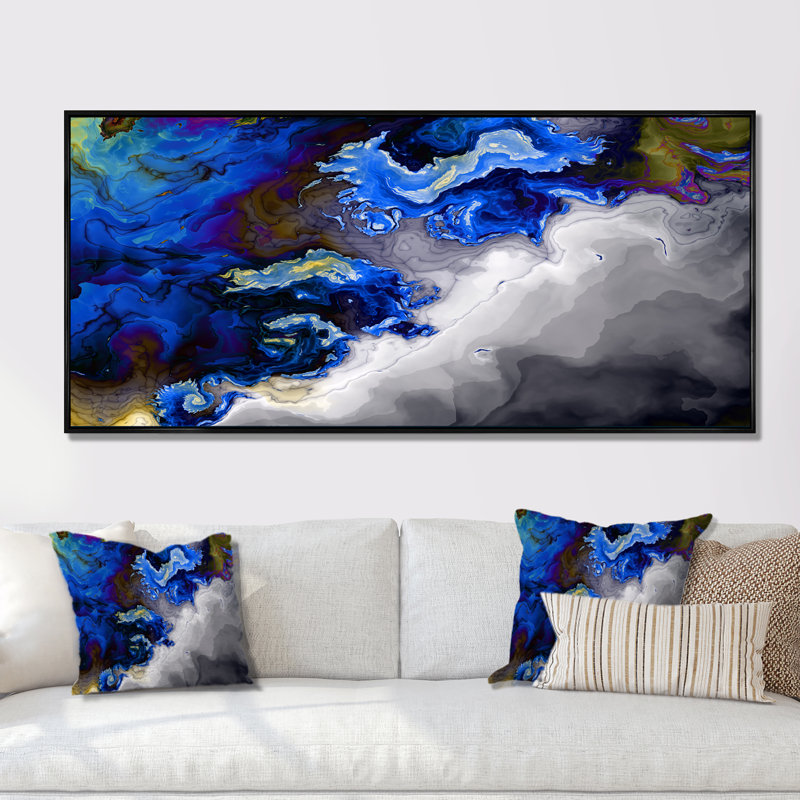 Encre fractale bleue et grise - peinture sur toile, Cadre noir, H 8 po x l 12 po x P 1 po