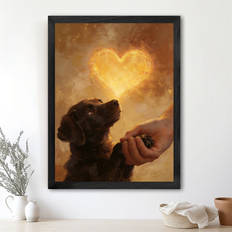 Reproduction d'art encadrée noire avec chiens rétro donnant leur cœur aux gens, H 25 po x l 17 po