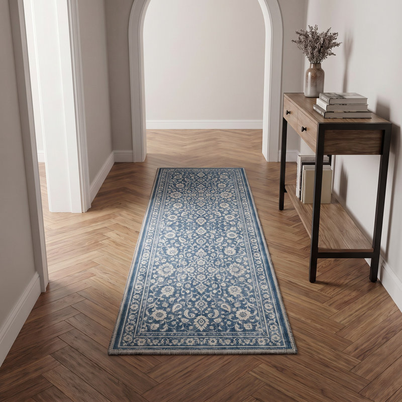 Tapis de couloir oriental bleu / ivoire lavable à la machine avec envers antidérapant, Tapis de couloir de 2 pi x 7 pi
