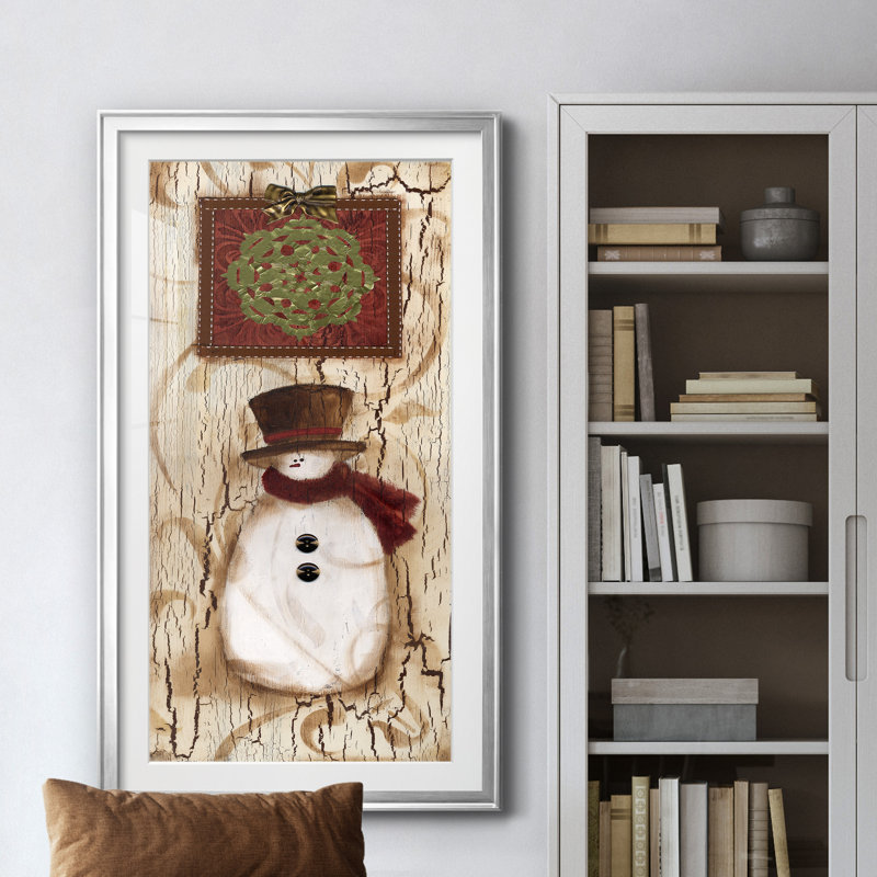 Bonhomme de neige rétro - reproduction d'art encadrée, H 10,5 po x l 18,5 po x P 1,5 po, Encadrement argenté