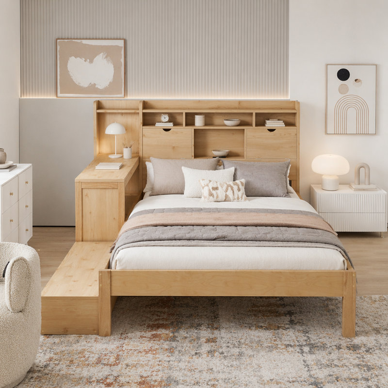 Lit plateforme double avec bureau, tiroirs de rangement et station de charge, Double, Naturel