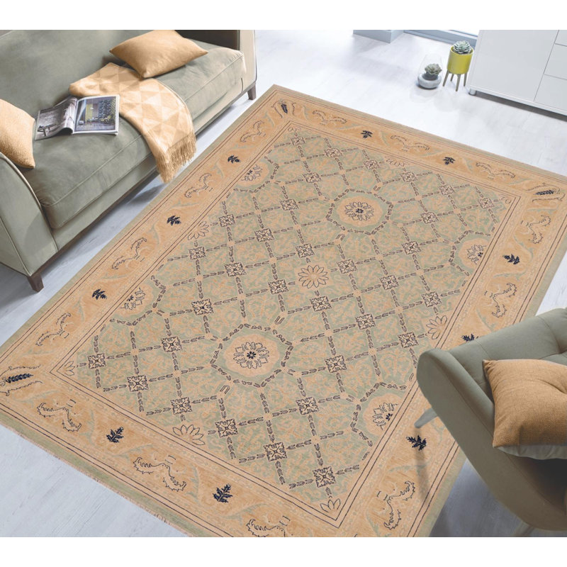 Tapis vert / brun clair en laine noué à la main 8 pi 10 po x 11 pi 10 po Fabrizio