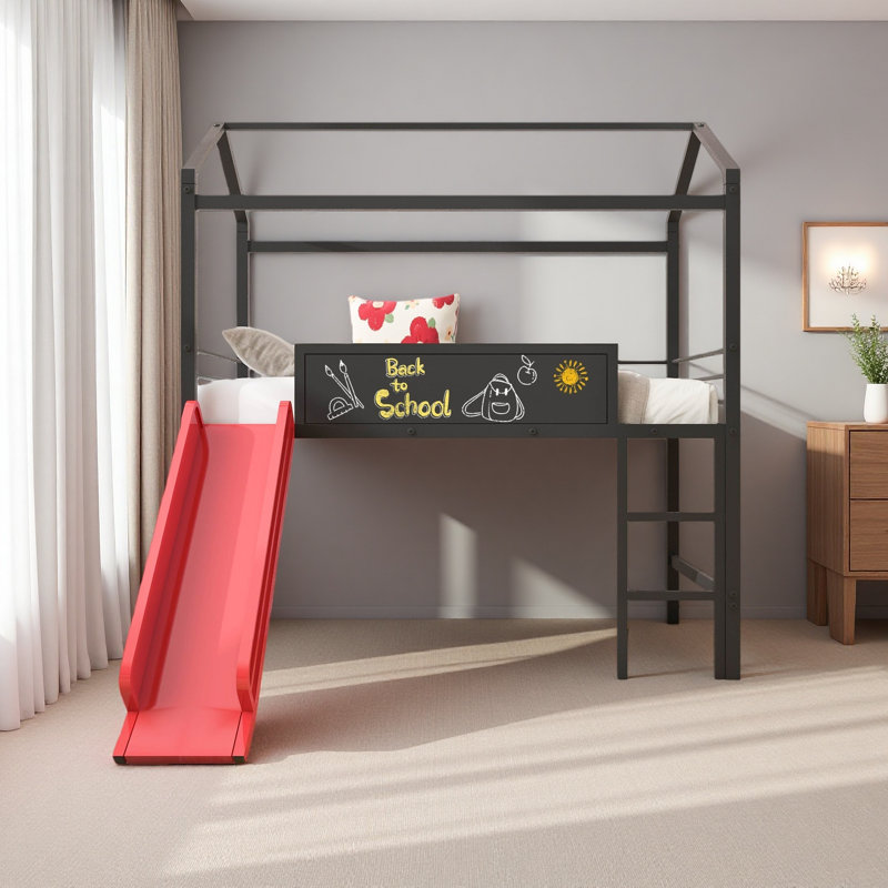 Metal House Bed With Slide, Twin Size Metal Loft Bed With Two-Sided Writable Wooden Board, Red