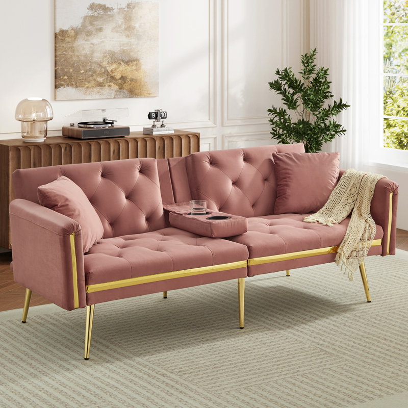 174cm Velvet Convertible Sofa, Pink