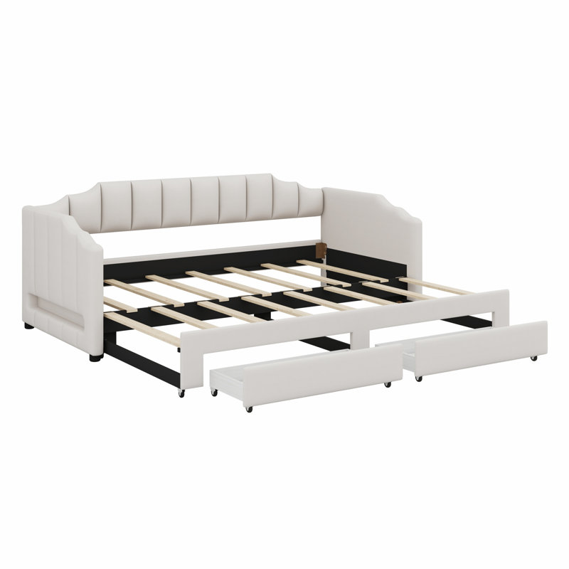 Lit de jour rembourré extensible avec tiroirs de rangement et lumière DEL, Beige