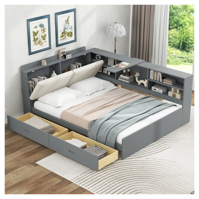 Lit plateforme double avec tête de lit, tablette rotative et tiroirs sous le lit - Structure en bois gris