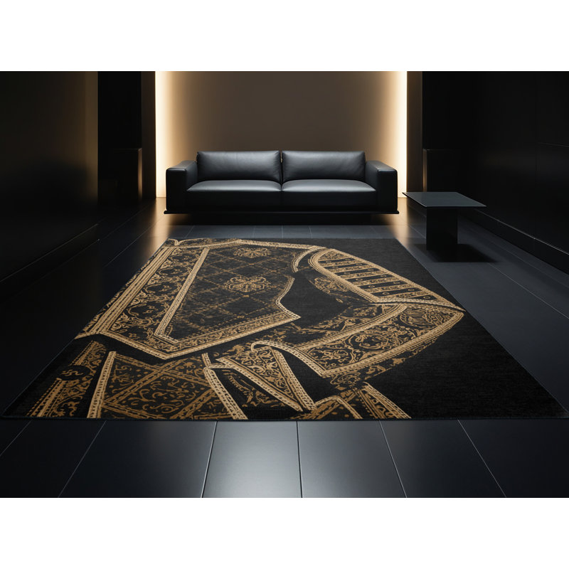 Tapis moelleux moelleux à l'allure rétro - noir, 5x8