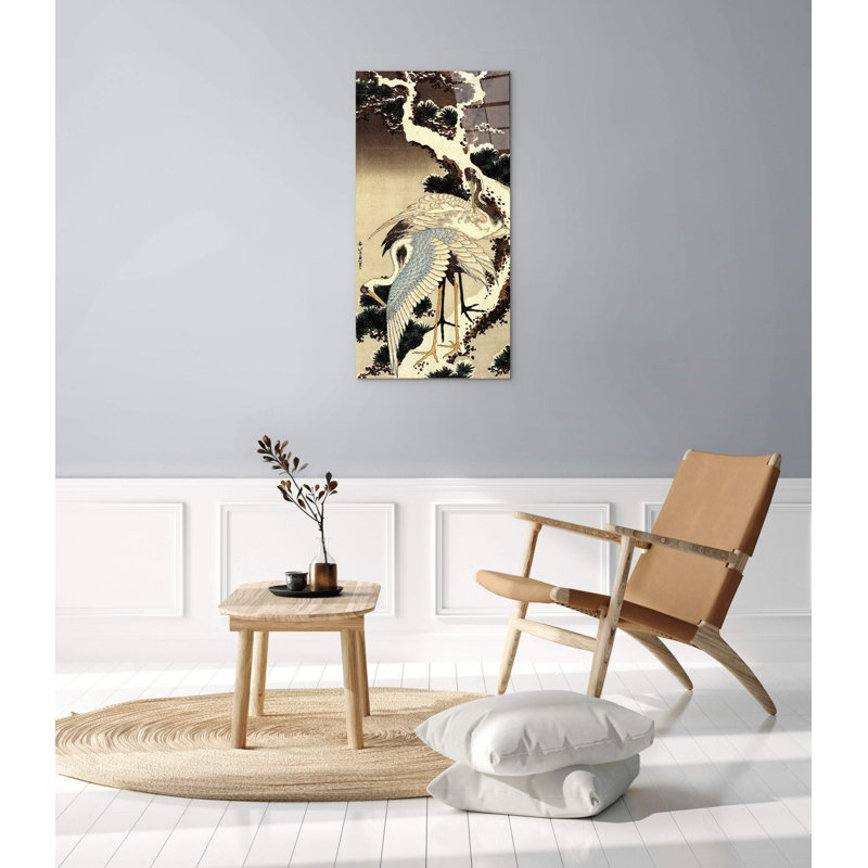 Two Cranes On A Pine Covered With Snow By Hokusai Katsushika 100cm H X 50cm W CrystalArt Material Acrylic Glass Effect, Frameless Panel Lightweight Ready to Hang