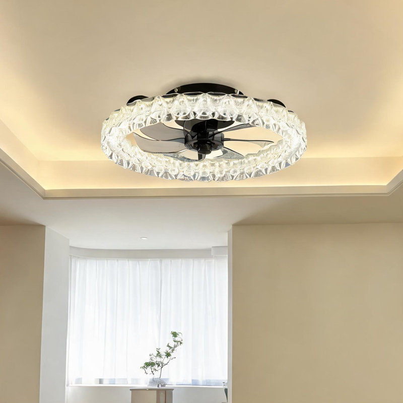 Ventilateur de plafond encastré avec éclairage à DEL et télécommande, acrylique noir de jais, 19,7 po, 6 vitesses, réversible, pour la chambre à coucher et la cuisine