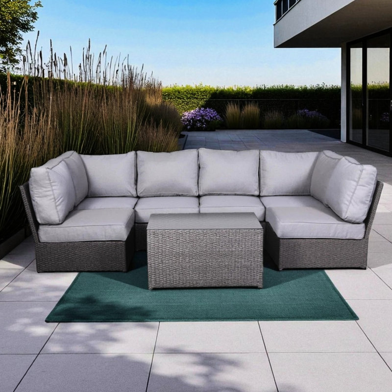 Canapé d'angle extérieur 4 places, entièrement assemblé, coussins lavables en machine de 12,5 cm d'épaisseur, réversible, structure antirouille, avec 14 coussins en mousse, installation instantanée, cadre gris