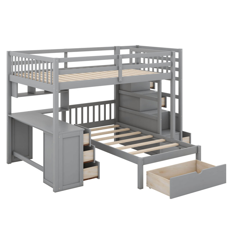 Lit superposé double au-dessus de simple avec escalier, tiroirs de rangement, cadre de lit superposé avec bureau et tablettes, aucun sommier nécessaire