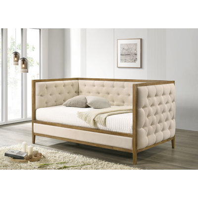 Lit de jour simple en chêne naturel avec garniture en bois, capitonnage à losanges, style transitionnel, matelas prêt pour le salon en chêne, idéal primaire