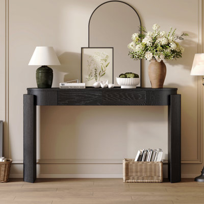Table d'entrée avec finition grain de bois naturel, console avec conception cannelée, plateau ovale et 2 tiroirs