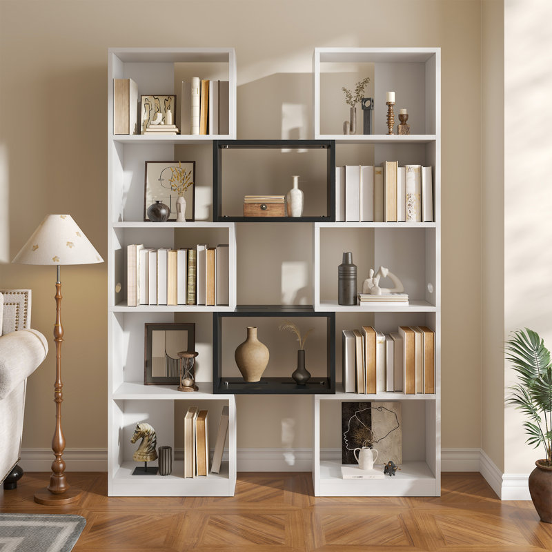 5 Tier Collapsed Tall Bookshelf Etagere Bookcase for Corner Odd Spaces, White