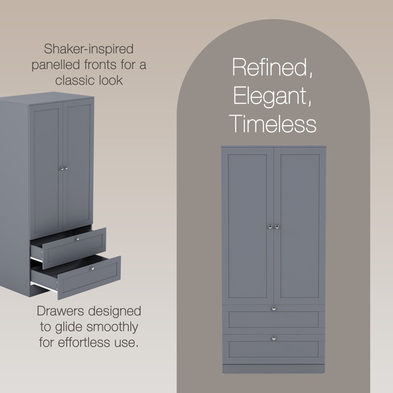 2 Door 2 Drawer Wardrobe with Hanging Rail & Storage Drawers Modern Bedroom Clothes Storage Cabinet, Grey 