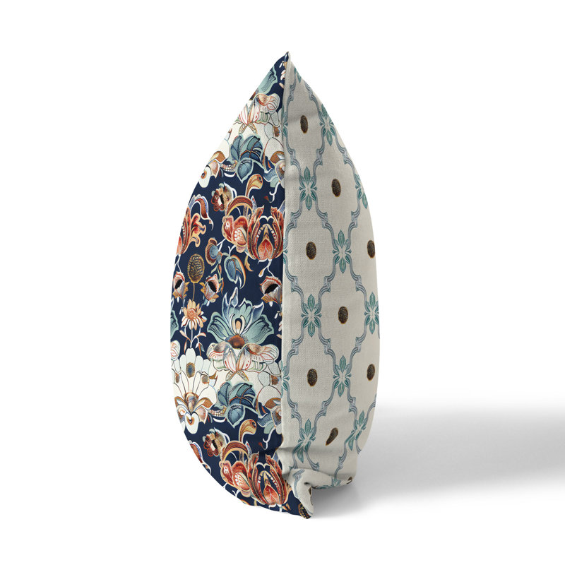 Coussin décoratif intérieur / extérieur Victorian Blossoms, H 16 po x l 16 po, Bleu/rouge