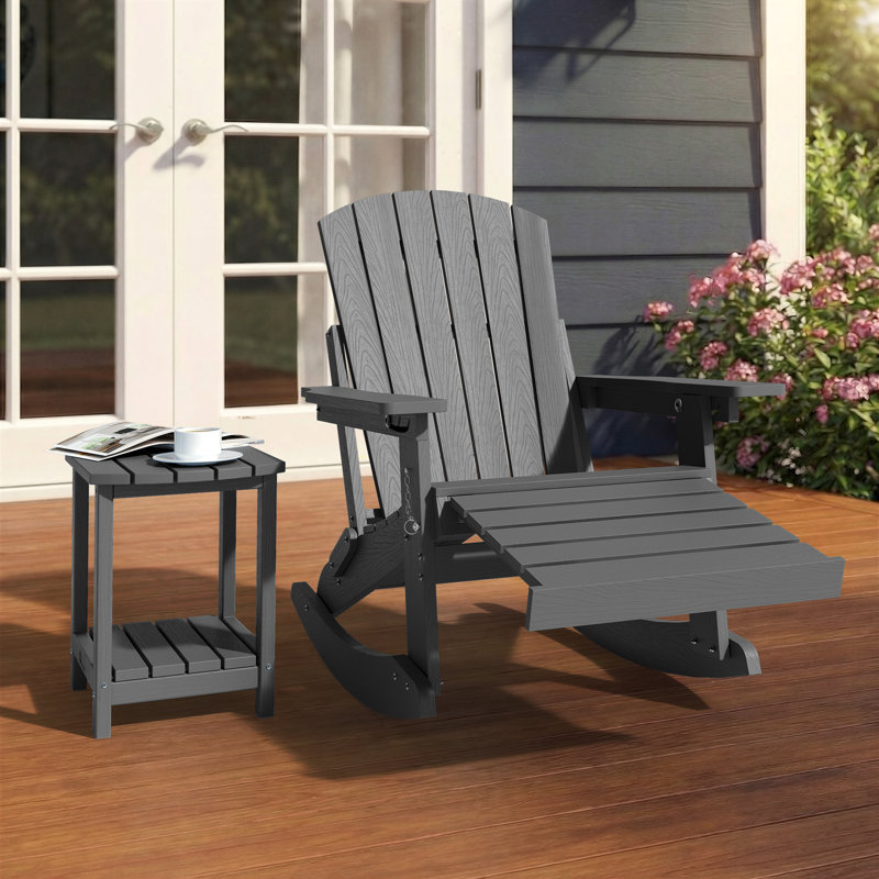  HDPE Outdoor Folding Adirondack Rocking Chair With Retractable Ottoman, Gray