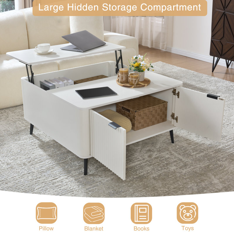 Veronica Brottman Lift Top Coffee Table with Hidden Storage, 35.4" Square Fluted Center Table, Mid-Century Modern Design, Grey