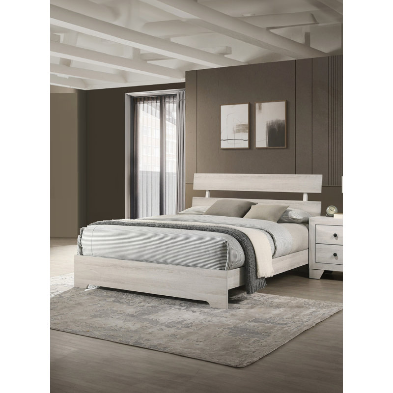 Queen Platform Bed Slat Headboard Low-Profile Bed Frame, White Washed, Queen