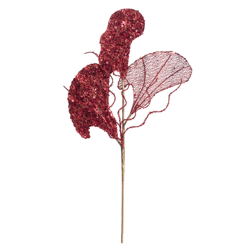 Fiddle Leaf Glitter Aritificial Christmas Spray, Red
