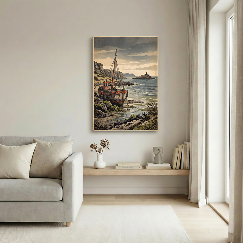 Art sur toile, bateau en bois orange gris sur une côte rocheuse près du phare, H 18 po x l 12 po