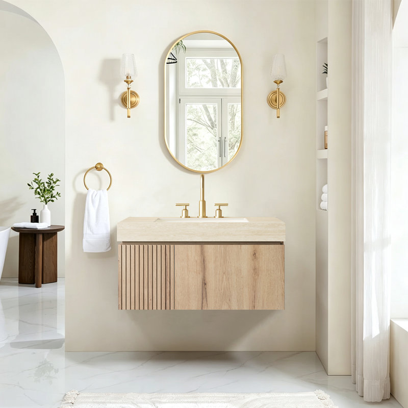 Meuble-lavabo de salle de bain luxueux en pierre frittée Mid-Century