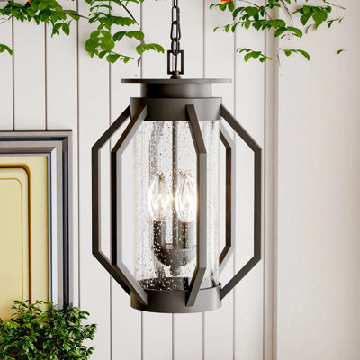 Lanterne suspendue d'extérieur à 3 lumières, 45,7 cm de hauteur, en fer, monobloc, finition bronze huilé, verre bullé, résistante aux intempéries, pour porche couvert