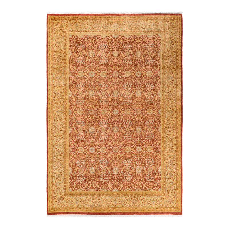 Tapis orange en laine noué à la main de conception unique 6 pi 1 po x 9 pi 1 po Mogul