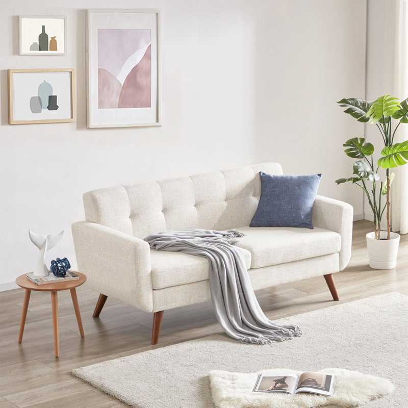 65" W Loveseat Sofa Mid Century Modern Love Seat Couches For Living Room, Beige Linen