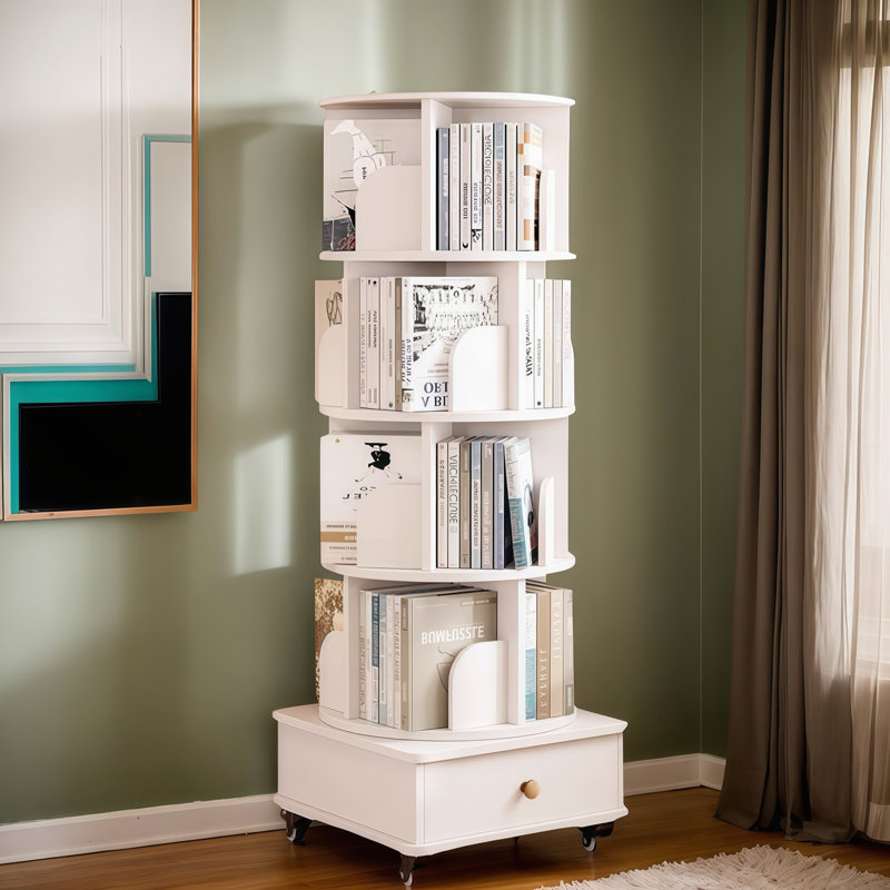 Bibliothèque rotative avec tiroir, présentoir à 360 degrés, organisateur de coin à 5 niveaux pour petits espaces, support de rangement en bois sur pied