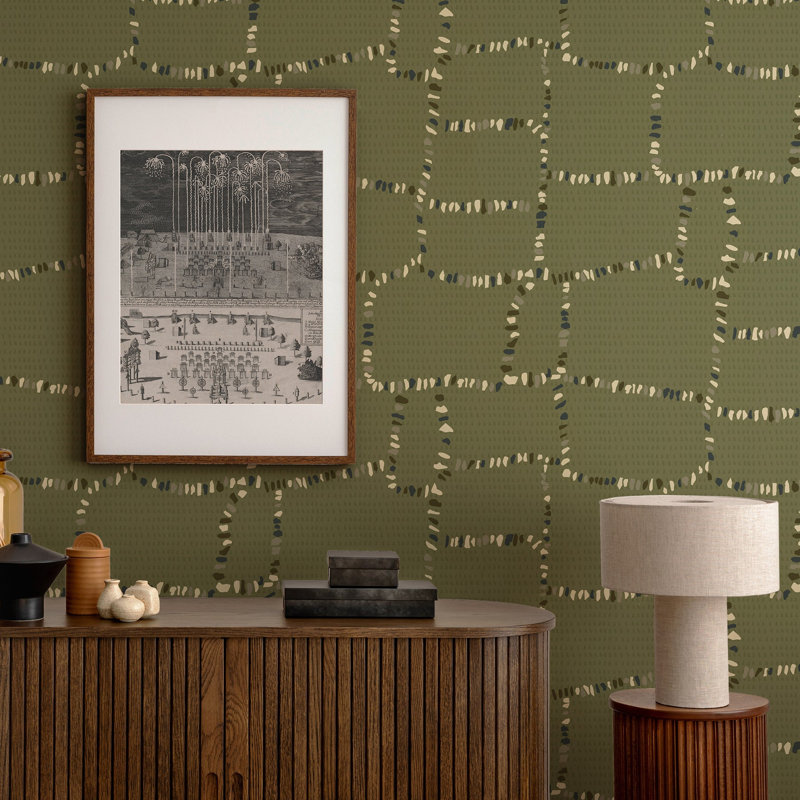 Tulum Ruins Wallpaper, Olive, Faux Grasscloth, Non-Pasted