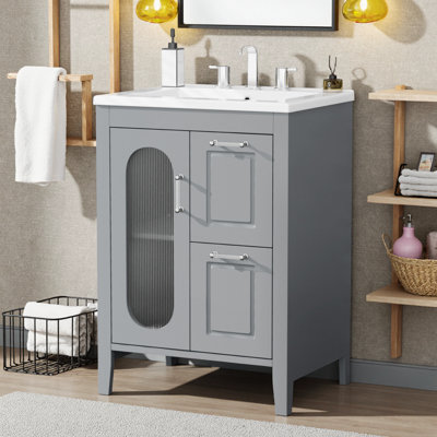 Ensemble de meuble-lavabo 24 po avec lavabo | Structure en bois massif + panneau de fibres à densité moyenne, porte en verre Moru, 2 tiroirs + tablette réglable, robinet espacé de 8 po, bouchon de 150 lb, fermeture en douceur