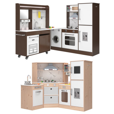 2-piece Large Play Kitchen Toy Set, Corner Rotatable Kids Kitchen Playset With Real Lights & Sounds,modular Toy Kitchen,ages 3+