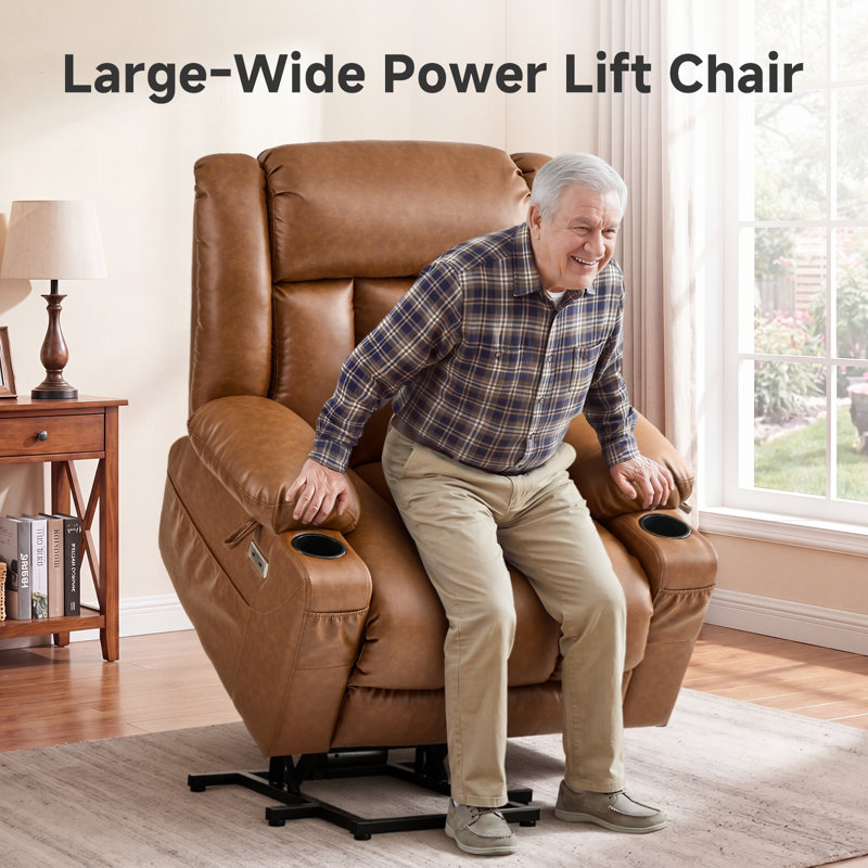Dual Motor Power Lift Chair Recliner for Elderly with Massage and Heat, Infinite Position Electric Lift Recliner with USB A&C, Cup Holders (T6010 - Faux Leather, Brown, Oversized )