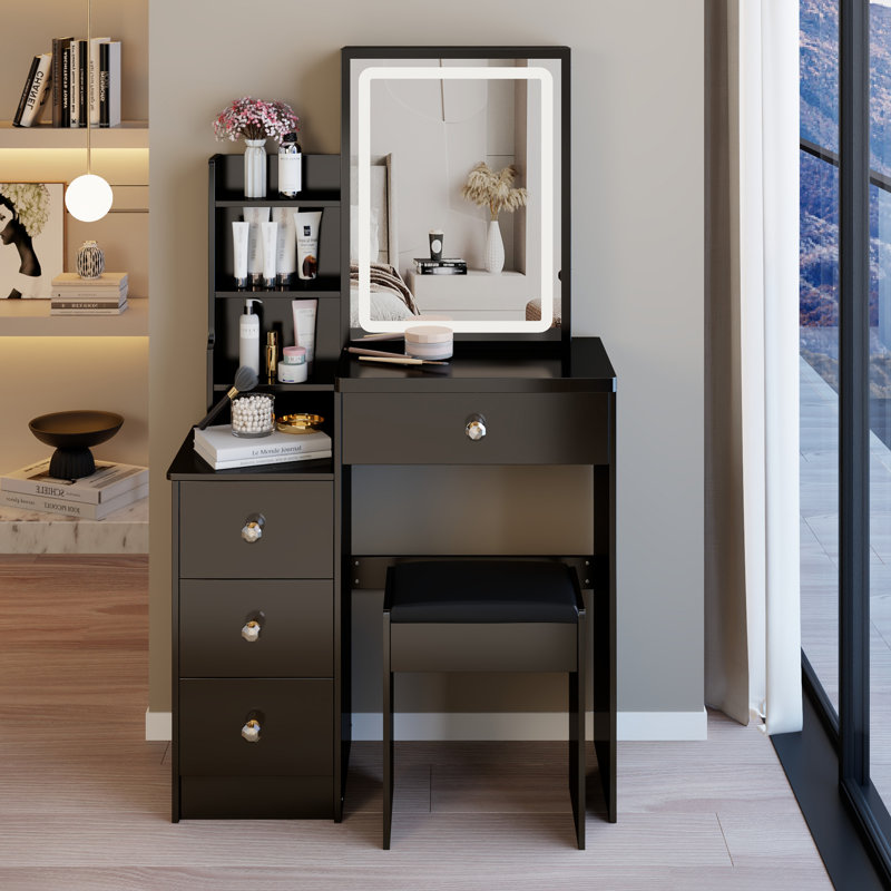 29.2" Small Size Left Bedside Cabinet Vanity Table + Cushioned Stool, Large Sliding, Touch Control, Tri-Color Switching, Brightness Adjust LED Mirror, High Capacity Storage, Suitable For Small Space