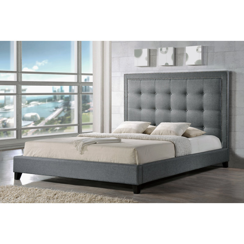 Lit plateforme tapissier capitonné Chelsia, Gris, Grand