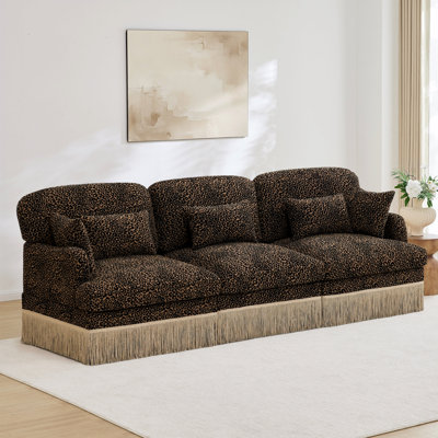 Canapé 100% confortable en chenille à imprimé léopard de 100 po, bord à pampille délicat, canapé modulaire à la mode moderne, dossier et siège ergonomiques, assemblage facile, siège profond pour le salon, brun noir