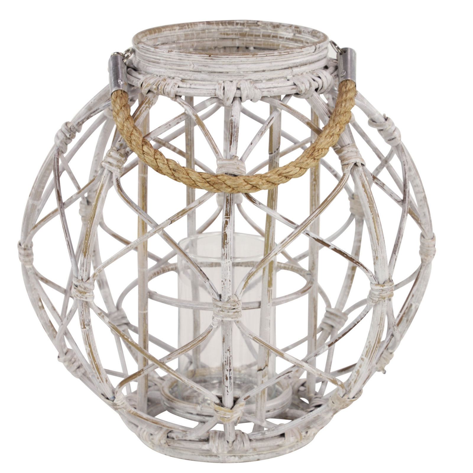 Round Rustic Woven Rattan Lantern, White, 10.5" H x 13" W x 13" D