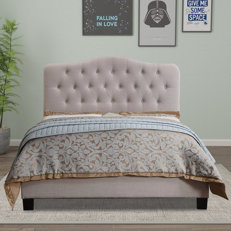 Structure de lit tapissier capitonné avec tête de lit à hauteur réglable, Beige, Double